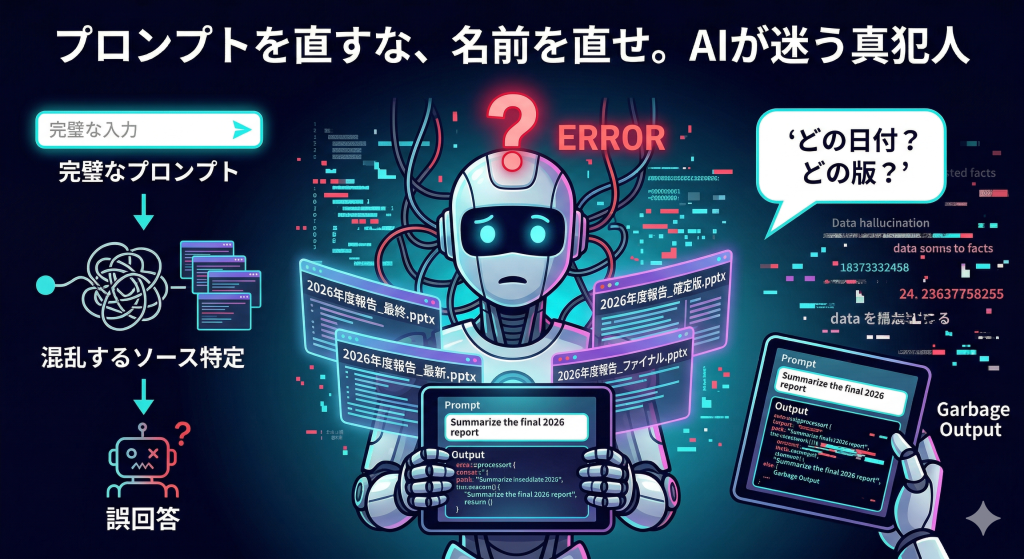 似たような名前の「最新」ファイルが複数あり、どれを参照すべきか困惑するAI。プロンプトを直す前にファイル名を直すべき理由を視覚化したイラスト。