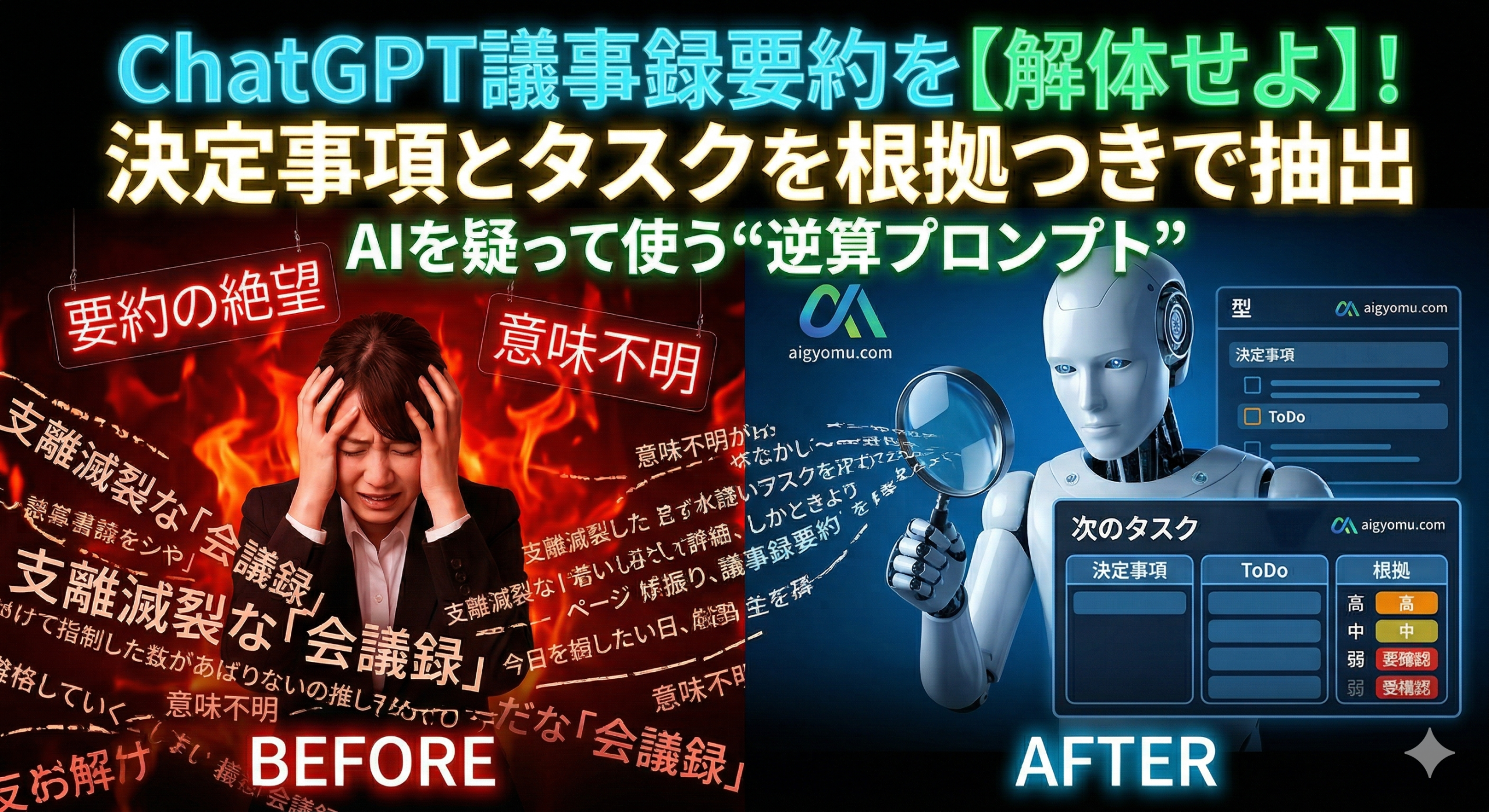 ChatGPTの無意味な議事録要約を解体し、根拠引用付きの決定事項とToDoリストへ再構築する比較図。左側に混乱する事務職、右側にAI監査官と整然としたタスク表。aigyomu.com。