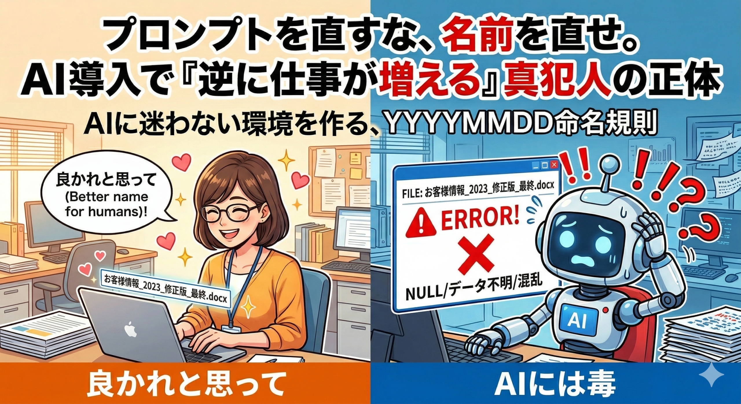 セル結合された美しいExcel表と、それを読み込めずにエラーを起こすAIの対比図。マシンリーダブルなデータ構造の重要性を説明するイラスト