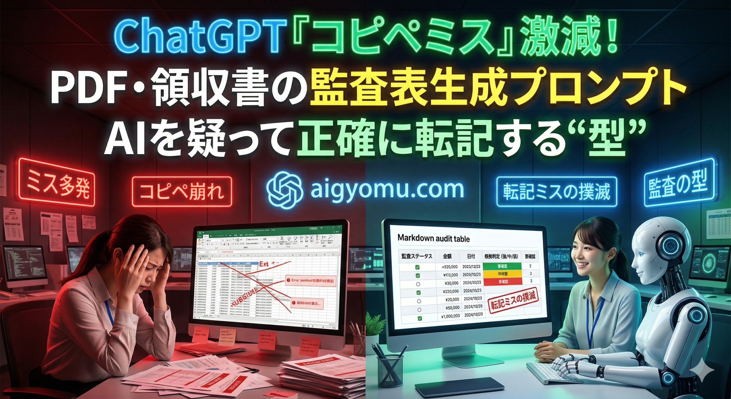 ChatGPTでPDFや領収書をExcelへ転記する際、いきなりコピペせず、Markdownの監査表（Before/After比較図）を生成して人間が確認するプロンプトの概念図。aigyomu.com。