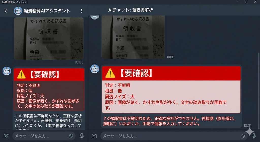 不鮮明な領収書をAIが解析し、「根拠：低」「周辺ノイズ：大」と判定して人間に「要確認」と警告している実例のチャット画面。aigyomu.com。